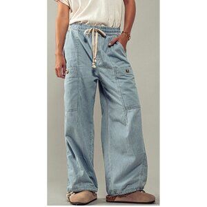 Sold Böhme Striped Denim Barrel Pants Women XL Blue Wide Leg Cargo Elastic Waist